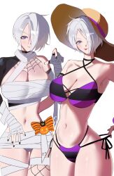 1girl angel_(kof) ass bikini blue_eyes bodypaint breast_press breasts breasts_squeezed_together clothes_pull costume curvy dan_koflove female_focus halloween halloween_costume hat huge_ass huge_breasts large_breasts looking_at_viewer mummy_costume pale_skin panties panty_pull short_hair standing swimsuit the_king_of_fighters thick_thighs thighs tongue underwear white_hair wide_hips