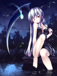 1girl ;o bare_legs bare_shoulders barefoot black_dress breasts bug covered_erect_nipples dress feet female_focus firefly grey_hair insect long_hair night night_sky one_eye_closed original outdoors parted_lips red_eyes reflection scythe sitting sky soaking_feet solo toes water yuku_(kiollion)