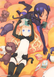 &gt;:o 00s 2girls :3 :o aesha_krishnam aisha_krishnam artist_name bindi black_legwear blonde_hair blue_eyes blue_hair blush_stickers book boots brown_eyes dark-skinned_female dark_skin elise_von_dietrich english_text facial_mark flat_chest forehead forehead_mark hair_between_eyes headgear highres kuroboshi_kouhaku leotard loli long_hair lying manga_(object) mecha_pilot_suit motion_slit motionslit multiple_girls on_back on_side open_book outstretched_arm panties pillow pilot_suit reaching reaching_towards_viewer reading short_hair short_hair_with_long_locks sky_girls stuffed_animal stuffed_penguin stuffed_rabbit stuffed_toy teddy_bear thigh_boots thighhighs underwear v-shaped_eyebrows wavy_hair
