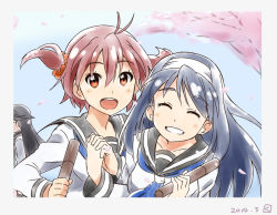 10s 2014 3girls artist_logo black_hair blue_hair blush brown_eyes brown_hair closed_eyes collarbone dated diploma futaba_aoi_(vividred_operation) graduation grin hairband holding interlocked_fingers isshiki_akane kueru kuroki_rei logo long_hair long_sleeves looking_at_viewer miyahara_takuya multiple_girls open_mouth own_hands_clasped own_hands_together petals school_uniform serafuku short_hair smile tears twintails upper_body vividred_operation