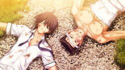 2boys black_hair blue_necktie bruise bruise_on_face closed_mouth collarbone dirty dirty_clothes fumio_(ura_fmo) game_cg grass gravel grisaia_(series) grisaia_no_meikyuu headband injury kazami_yuuji lying male_focus mihama_private_academy_school_uniform mr_suou multiple_boys necktie nipples non-web_source on_back one_eye_closed partially_unbuttoned path pectorals plaid_clothes plaid_necktie road school_uniform shirt short_hair short_sleeves smile undone_necktie very_short_hair white_headband white_shirt