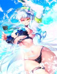 Rule 34 | 1girl, armband, artist name, bikini, blue hair, blue sky, breasts, clenched teeth, cloud, girls&#039; frontline, girls&#039; frontline 2: exilium, green armband, hashtag-only commentary, highres, hk416 (girls&#039; frontline), klukai (girls&#039; frontline 2), large breasts, long hair, navel, official alternate costume, one eye closed, open clothes, open shirt, parted lips, shirt, skindentation, sky, smile, solo, splashing, stomach, swimsuit, tattoo, teardrop facial mark, teardrop tattoo, teeth, thigh strap, visor cap, wangpo, white shirt
