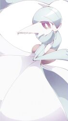 bob_cut colored_skin dress gardevoir gen_3_pokemon green_hair green_skin hair_over_one_eye highres multicolored_skin narumiya_pkmn nintendo pink_eyes pokemon pokemon_(creature) signature simple_background two-tone_skin white_background white_dress white_skin