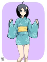 Rule 34 | 1girl, :&lt;, ahoge, araragi tsukihi, artist name, belt, black eyes, black hair, blush, blush stickers, bob cut, border, closed mouth, commentary, curled fingers, egg hair ornament, feet out of frame, floral print, floral print kimono, food-themed hair ornament, fried egg, hair ornament, japanese clothes, kikumaru bunta, kimono, long sleeves, looking at viewer, monogatari (series), nisemonogatari, obi, outside border, print kimono, purple background, revision, sash, short hair, short kimono, signature, sleeves past wrists, solo, standing, swept bangs, translated, w arms, white border, wide sleeves, yellow belt, yellow sash