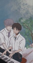 2boys 53_foreverlove belt black_hair choker collared_shirt commentary_request grey_hair hair_between_eyes highres holding_another&#039;s_wrist ikari_shinji instrument male_focus multiple_boys music nagisa_kaworu neon_genesis_evangelion piano playing_instrument red_eyes school_uniform shirt short_hair sitting smile tokyo-3_middle_school_uniform white_shirt