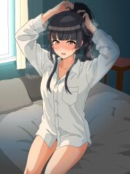 1girl :o arms_up black_hair blunt_bangs blush borrowed_clothes commentary_request dress_shirt highres hondy_(user_gcxa2842) idolmaster idolmaster_shiny_colors indoors looking_at_viewer mayuzumi_fuyuko no_pants ponytail shirt sitting solo steam sweat thighs tying_hair white_shirt