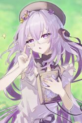1girl :o beret book castorice_(honkai:_star_rail) commentary dress glasses green_background hat highres holding holding_book honkai:_star_rail honkai_(series) long_hair looking_at_viewer pointy_ears purple_eyes purple_hair solo suwa_(swk_kkk) symbol-only_commentary white_dress