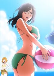2girls absurdres ass ball beach beach_umbrella beachball bikini blue_sky breasts buchou_(kakitama) cloud from_side glasses green_bikini halterneck highres holding holding_ball kakitama large_breasts long_hair looking_at_viewer multiple_girls ocean open_mouth original outdoors patsukin_(kakitama) side-tie_bikini_bottom sky smile solo_focus string_bikini swimsuit teeth umbrella upper_teeth_only