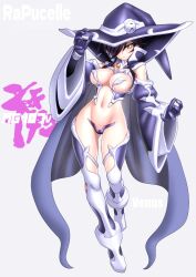 1girl armor bikini_armor black_hair boots breasts cape chest_jewel commentary_request crotch_plate detached_sleeves elbow_gloves full_body gloves grey_background hair_over_one_eye hat large_breasts looking_at_viewer navel original revealing_clothes sakura_ryuuken solo standing thigh_boots wide_sleeves witch_hat yellow_eyes