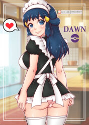 1girl ass black_dress blue_eyes blue_hair blush breasts ceiling ceiling_light creatures_(company) dawn_(pokemon) dress from_behind game_freak hair_ornament hairclip heart large_breasts long_hair looking_at_viewer looking_back maid maid_headdress misune_art nintendo panties pink_panties plant poke_ball_symbol pokemon pokemon_dppt potted_plant puffy_sleeves short_dress short_sleeves sliding_doors smile speech_bubble spoken_heart standing table thighhighs underwear white_thighhighs window