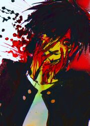 1boy black_eyes black_hair blood blood_on_clothes blood_on_face blood_on_hands blood_on_neck blood_splatter gakuran hands_on_own_cheeks hands_on_own_face highres jacket kmkmk_04913 looking_at_viewer male_focus open_clothes open_jacket randal&#039;s_friends school_uniform short_hair solo tsukada_satoru upper_body