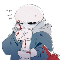 Rule 34 | 1boy, ambiguous red liquid, annoyed, blue jacket, blush, bright pupils, chinese commentary, commentary request, false smile, gloves, grey hood, grin, heichiyo, highres, hollow eyes, hood, hood down, hooded jacket, jacket, ketchup, ketchup bottle, layered sleeves, long sleeves, looking at viewer, male focus, one eye closed, sans (undertale), shirt, shout lines, simple background, skeleton, smile, solo, sweatdrop, undertale, upper body, white background, white gloves, white pupils, white shirt