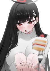1girl 1other absurdres black_hair blue_archive blush cake cream cream_on_face food food_on_face fork hair_behind_ear hair_ornament hairclip highres holding holding_fork long_hair looking_at_viewer pov red_eyes rio_(blue_archive) sidelocks sweater tongue tongue_out turtleneck turtleneck_sweater upper_body white_sweater yuki_(asayuki101)