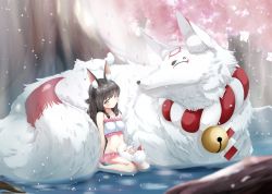 1girl absurdres animal animal_ear_fluff animal_ears azur_lane bikini bikini_skirt black_hair breasts brown_eyes cherry_blossoms closed_eyes fang fox fox_cub fox_tail highres lap_pillow long_hair lowleg lowleg_bikini nagato_(azur_lane) navel oversized_animal petals petting sitting small_breasts smile swimsuit tail tree wakamoto_riwo water white_bikini