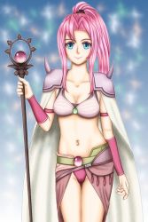 1girl armor artist_request belt blue_eyes bra breasts cameltoe cape cleavage cloak closed_mouth collarbone crystal facing_viewer final_fantasy final_fantasy_iv final_fantasy_iv:_the_after_years hair_tie hand_up happy high_ponytail holding holding_staff holding_weapon long_hair looking_at_viewer medium_breasts midriff navel orb panties pauldrons pink_hair pink_panties ponytail porom shoulder_armor skirt smile solo spiked_pauldrons spikes sports_bra staff staff_(weapon) standing underwear weapon white_cape white_cloak