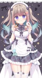 1girl apron black_bow blue_eyes blush bow bowtie breasts brown_hair closed_mouth donut dress eating food frills garter_straps hair_between_eyes hair_ornament hair_ribbon highres holding holding_donut holding_food long_hair looking_at_viewer maid maid_apron maid_headdress medium_breasts original ribbon skirt solo thighhighs white_apron white_thighhighs wrist_cuffs yukimura_usagi