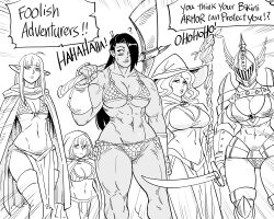 5girls ? abs absurdres ahoge armor axe bb_(baalbuddy) bikini_armor boobplate boots breastplate breasts cape cleavage closed_mouth commentary commission dark-skinned_female dark_skin dress elf emphasis_lines english_commentary english_text female_focus female_orc greyscale hat helm helmet highres holding holding_axe holding_sword holding_weapon large_breasts long_hair looking_at_viewer monochrome multiple_girls muscular muscular_female navel orc original over_shoulder pauldrons pelvic_curtain pointy_ears shortstack shoulder_armor simple_background sword thigh_boots underboob weapon weapon_over_shoulder white_background winged_helmet witch_hat