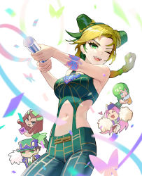 1girl ;d bare_arms blonde_hair breasts bug butterfly confetti double_bun ermes_costello floating_hair foo_fighters_(jojo) green_eyes green_hair hair_bun highres insect jojo_no_kimyou_na_bouken kuujou_jolyne kuujou_joutarou long_hair medium_breasts midriff multicolored_hair narciso_anasui navel one_eye_closed open_mouth pom_pom_(cheerleading) sleeveless smile solo standing stomach stone_ocean two-tone_hair yogi001yogi
