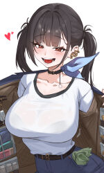 1girl absurdres bag belt black_choker black_hair blue_ribbon blunt_bangs blush bra_visible_through_clothes breasts choker collarbone commentary cowboy_shot dori_(choejeongmin7) earrings goddess_of_victory:_nikke heart highres jacket jewelry large_breasts long_hair looking_at_viewer mole mole_under_eye motion_lines open_clothes open_mouth pants red_eyes ribbon shirt sidelocks simple_background smile solo sora_(nikke) teeth tongue twintails white_background white_shirt