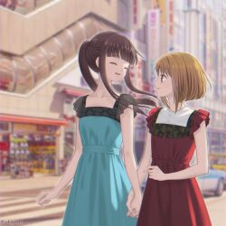 Rule 34 | 2girls, akigure1, blonde hair, blue dress, blurry, blurry background, brown hair, closed eyes, dress, fruits basket, highres, holding hands, honda tohru, long hair, multiple girls, ponytail, red dress, road, see-through clothes, see-through sleeves, short hair, smile, souma kisa, street, twitter username, yellow eyes