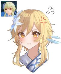 1girl :t absurdres anger_vein blonde_hair feather_hair_ornament feathers flower genshin_impact genshin_impact_sticker_redraw_(meme) hair_between_eyes hair_flower hair_ornament head_only highres hotaboshi_yazuki looking_ahead lumine_(genshin_impact) meme pout reference_inset scarf short_hair_with_long_locks sidelocks solo white_flower white_scarf yaduki100 yellow_eyes