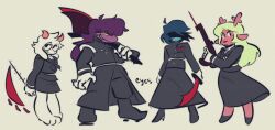 axe black_shirt blonde_hair blue_hair crossover deltarune full_body gun heart high_heels holding holding_axe holding_gun holding_sword holding_weapon kris_(deltarune) last_defense_academy_school_uniform noelle_holiday purple_hair ralsei shirt simple_background standing susie_(deltarune) sword the_hundred_line_-last_defense_academy- weapon white_fur