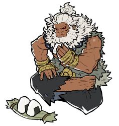 Rule 34 | 1boy, :t, absurdres, akuma (street fighter), bead necklace, beads, beard, belt, black sclera, chewing, colored sclera, dark-skinned male, dark skin, eating, facial hair, fingernails, food, full beard, full body, hand ropes, highres, holding, holding food, indian style, jewelry, long hair, looking at viewer, male focus, necklace, onigiri, red eyes, rope, rope belt, sach56000, simple background, sitting, solo, street fighter, street fighter 6, topknot, torn clothes, torn sleeves, wavy hair, white background, white hair