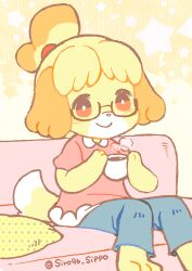 1girl animal_crossing animal_ears animal_feet animal_hands blonde_hair commentary_request couch cup denim dog_ears dog_girl dog_tail full_body furry furry_female glasses holding holding_cup indoors isabelle_(animal_crossing) jeans looking_at_viewer mug nintendo pants pillow red_shirt shirokuro_buti shirt short_sleeves sitting smile solo tail topknot yellow_fur