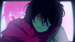 Rule 34 | 1other, alien stage, blue skin, cape, closed mouth, colored skin, commentary, deltarune, english commentary, highres, kris (dark world) (deltarune), kris (deltarune), morick, other focus, pink cape, red eyes, screen, short hair, side cape, solo