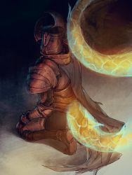 1other ambiguous_gender armor cape crucible_knight elden_ring facing_viewer from_behind full_armor gauntlets helmet highres kneeling looking_back pauldrons shoulder_armor solo tail tworain_w