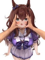 1girl absurdres animal_ears aqua_eyes arms_at_sides blush bow breasts commentary_request ear_bow face_hold hair_between_eyes highres horse_ears horse_girl large_breasts looking_at_viewer maruzensky_(umamusume) open_mouth pleated_skirt puffy_short_sleeves puffy_sleeves purple_bow purple_shirt school_uniform shirt short_sleeves simple_background skirt solo tracen_school_uniform umainu_2002 umamusume white_background white_skirt