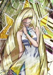 1girl bare_arms bare_shoulders blonde_hair breasts collarbone commentary_request dress eyelashes eyeshadow green_eyes hair_over_one_eye hand_up highres long_hair lusamine_(pokemon) makeup nintendo pokemon pokemon_sm ray-k sleeveless sleeveless_dress smile solo teeth very_long_hair