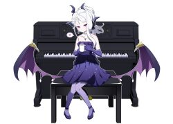 Rule 34 | 1girl, absurdres, black halo, blue archive, breasts, demon girl, demon horns, demon wings, dress, earrings, full body, gloves, grand piano, halo, highres, hina (blue archive), hina (dress) (blue archive), horns, instrument, jewelry, kedegn, long hair, necklace, off shoulder, pantyhose, pendant, piano, purple dress, purple eyes, purple gloves, sitting, small breasts, solo, white hair, wings