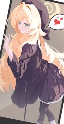 1girl absurdres black_hat black_jacket black_pantyhose black_skirt blonde_hair blue_archive blush cane closed_mouth fluffy_hair green_eyes hat heart highres holding holding_cane jacket jiujiusan long_hair looking_at_viewer pantyhose professor_niyaniya_(blue_archive) shoes sidelocks skirt smile solo white_shoes