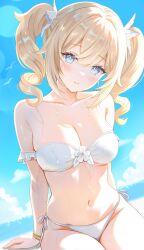 1girl barbara_(genshin_impact) bikini blonde_hair blue_eyes blush bow bracelet breasts drill_hair genshin_impact gold_bracelet hair_between_eyes hair_ornament highres jewelry long_hair looking_at_viewer midriff nasii navel off-shoulder_bikini off_shoulder smile solo stomach swimsuit twin_drills twintails white_bikini