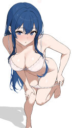 1girl :o barefoot be9459 blue_eyes blue_hair blush bra breasts caeda_(fire_emblem) cleavage commentary_request commission fire_emblem fire_emblem:_mystery_of_the_emblem gluteal_fold hair_between_eyes highres large_breasts legs long_hair looking_at_viewer nintendo panties panty_pull parted_lips pulling_own_clothes sidelocks simple_background skeb_commission solo standing standing_on_one_leg thighs translation_request underwear underwear_only undressing very_long_hair white_background white_bra white_panties
