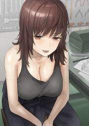 Rule 34 | 1girl, absurdres, bare arms, blue jacket, blue pants, breasts, brown hair, cleavage, clothes around waist, collarbone, cyclone tarou, fang, grey tank top, highres, indoors, jacket, jacket around waist, large breasts, looking at viewer, medium hair, original, pants, pegboard, pliers, sitting, skin fang, solo, tank top, wrench