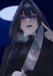 Rule 34 | 1girl, avrgandordinary, black dress, black hair, blood, blue eyes, blush, braid, dress, hair intakes, heart, heart-shaped pupils, highres, holding, holding knife, hololive, hololive english, kitchen knife, knife, long hair, low twin braids, no apron, official alternate costume, official alternate hairstyle, open mouth, ouro kronii, ouro kronii (maid), reflection, solo, sweat, symbol-shaped pupils, twin braids, virtual youtuber