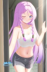 1girl :o alternate_costume artist_name black_shorts blue_eyes blush braid camisole citlali_(genshin_impact) cleavage_cutout clothing_cutout commentary_request dolphin_shorts doorway facial_mark genshin_impact highres hyakuya_iori long_hair looking_at_viewer midriff navel one_eye_closed pink_hair pov_doorway shorts solo tile_floor tiles triangle triangle_facial_mark twin_braids twitter_username very_long_hair white_camisole