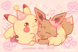 :3 animal_focus artist_name closed_eyes commentary crown eevee english_commentary english_text fat_pikachu gen_1_pokemon hat heart highres neogeopet nintendo no_humans party_hat pikachu pink_theme pokemon pokemon_(creature) pokemon_day pokemon_focus smile warm_colored