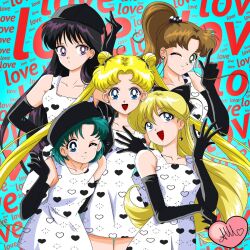 Rule 34 | 5girls, aino minako, anello81, bare shoulders, bishoujo senshi sailor moon, black bow, black hair, blonde hair, blue eyes, blue hair, bow, breasts, brown hair, earrings, elbow gloves, gloves, green eyes, hat, heart, heart print, hino rei, jewelry, kino makoto, medium breasts, mizuno ami, multiple girls, one eye closed, ponytail, purple eyes, short, sleeveless, tsukino usagi, twintails, wink