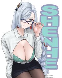 Rule 34 | 1girl, adjusting eyewear, black skirt, bra, braid, breasts, character name, cleavage, collared shirt, dismaiden, earrings, genshin impact, glasses, green bra, grey eyes, grey hair, hair ornament, hair over one eye, highres, jewelry, kneeling, large breasts, long hair, long sleeves, looking at viewer, low-braided long hair, low-tied long hair, pantyhose, partially unbuttoned, pencil skirt, shenhe (genshin impact), shirt, simple background, skirt, smile, tassel, tassel earrings, underwear, white background, white shirt