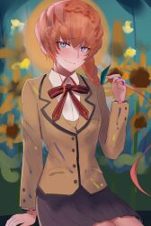 1girl absurdres black_skirt blue_eyes blush braid braided_ponytail breasts brown_jacket coat collared_shirt fate/grand_order fate_(series) flower highres homurabara_academy_school_uniform jacket long_hair long_sleeves looking_at_viewer neck_ribbon orange_hair ribbon s4ika school_uniform shirt sitting skirt small_breasts smile solo sunflower van_gogh_(fate) white_shirt