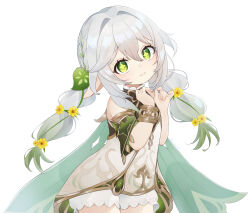 1girl absurdres alternate_hairstyle bare_shoulders bracelet cape closed_mouth commentary_request cowboy_shot detached_sleeves dress flower genshin_impact gold_trim gradient_hair green_cape green_eyes green_hair green_sleeves hair_between_eyes hair_flower hair_ornament hands_up highres iroha_(mimi0618xx) jewelry leaf_hair_ornament long_hair looking_at_viewer multicolored_hair nahida_(genshin_impact) partial_commentary pointy_ears simple_background sleeveless sleeveless_dress smile solo star-shaped_pupils star_(symbol) symbol-shaped_pupils white_background white_dress white_hair yellow_flower