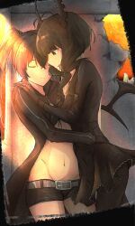 2girls aikawa_yumi belt black_coat black_dress black_leggings black_rock_shooter black_rock_shooter_(character) black_shorts closed_eyes coat dead_master dress green_eyes highres horns hug leggings multiple_girls shorts skeletal_hand twintails uneven_twintails