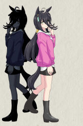 Rule 34 | 1girl, ahoge, animal ears, black boots, black shorts, boots, ear ornament, ear tag, earrings, eyes visible through hair, grey hair, hair between eyes, hand in own hair, hand up, highres, horse ears, horse girl, horse tail, jewelry, long bangs, long hair, long hair between eyes, long sleeves, low ponytail, manhattan cafe (umamusume), multicolored hair, nice nature (umamusume), paper texture, ponytail, purple sweater, shorts, single earring, solo, standing, sweater, tail, umamusume, very long hair, yellow eyes, zenbrush2