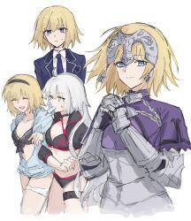 4girls ahoge anger_vein armor armored_dress bikini black_bikini black_hairband black_jacket blue_hoodie blush chain closed_eyes closed_mouth cropped_jacket dress fate/apocrypha fate/grand_order fate_(series) food food_in_mouth gauntlets hairband highres hood hoodie jacket jeanne_d&#039;arc_(fate) jeanne_d&#039;arc_(girl_from_orleans)_(fate) jeanne_d&#039;arc_(ruler)_(fate) jeanne_d&#039;arc_alter_(fate) jeanne_d&#039;arc_alter_(swimsuit_berserker)_(fate) multiple_girls necktie nekwnek official_alternate_costume open_mouth own_hands_together partially_open_hoodie plackart popsicle popsicle_in_mouth purple_dress purple_necktie simple_background smile sweatdrop swimsuit white_background