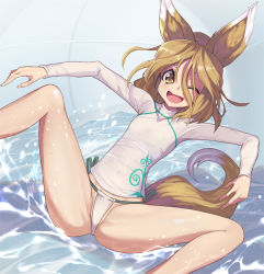 1girl ;d adapted_costume animal_ears bare_legs bikini bikini_bottom_only brown_eyes brown_hair eyebrows_hidden_by_hair feet_out_of_frame fox_ears fox_tail groin hair_between_eyes highres kudamaki_tsukasa long_sleeves m_legs one_eye_closed open_mouth rash_guard shirt short_hair sliding smile solo spread_legs swimsuit syope tail thighs toboggan touhou water white_bikini white_shirt