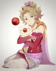 1girl bad_id bad_pixiv_id bare_shoulders cape detached_sleeves earrings final_fantasy final_fantasy_vi grey_background grey_eyes hair_ribbon highres holding jewelry light_brown_hair looking_at_viewer moogle pantyhose parted_lips ribbon short_hair sitting tina_branford white_pantyhose yawai_tofu