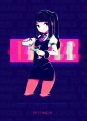 1girl bartender black_hair cocktail cocktail_glass cropped_legs cup digital_dissolve drinking_glass female_focus glitch jill_stingray looking_away makaroll pantyhose pencil_skirt ponytail shaker skirt solo swept_bangs text_focus uniform va-11_hall-a